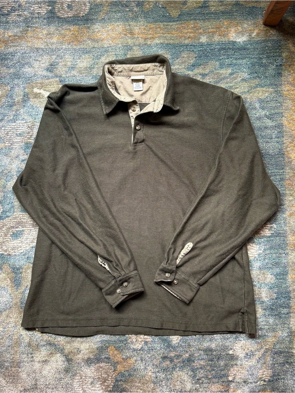 Vintage L.L.Bean Herringbone Rugby Polo 100% Cotton Shirt, dark olive